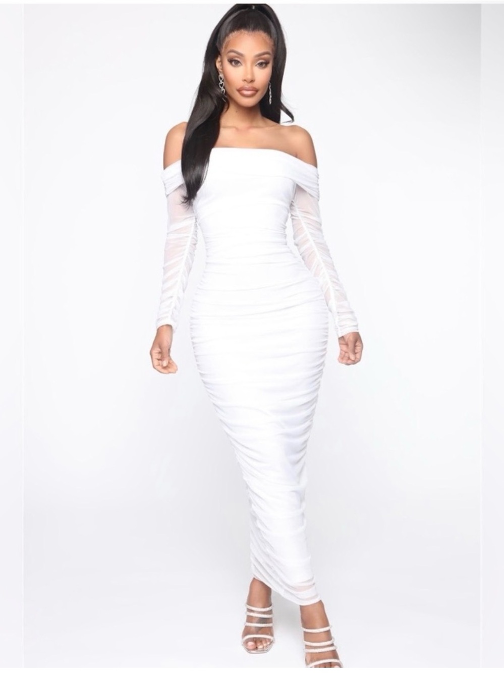 Fashion Nova White Off-Shoulder Ruched Maxi Dress